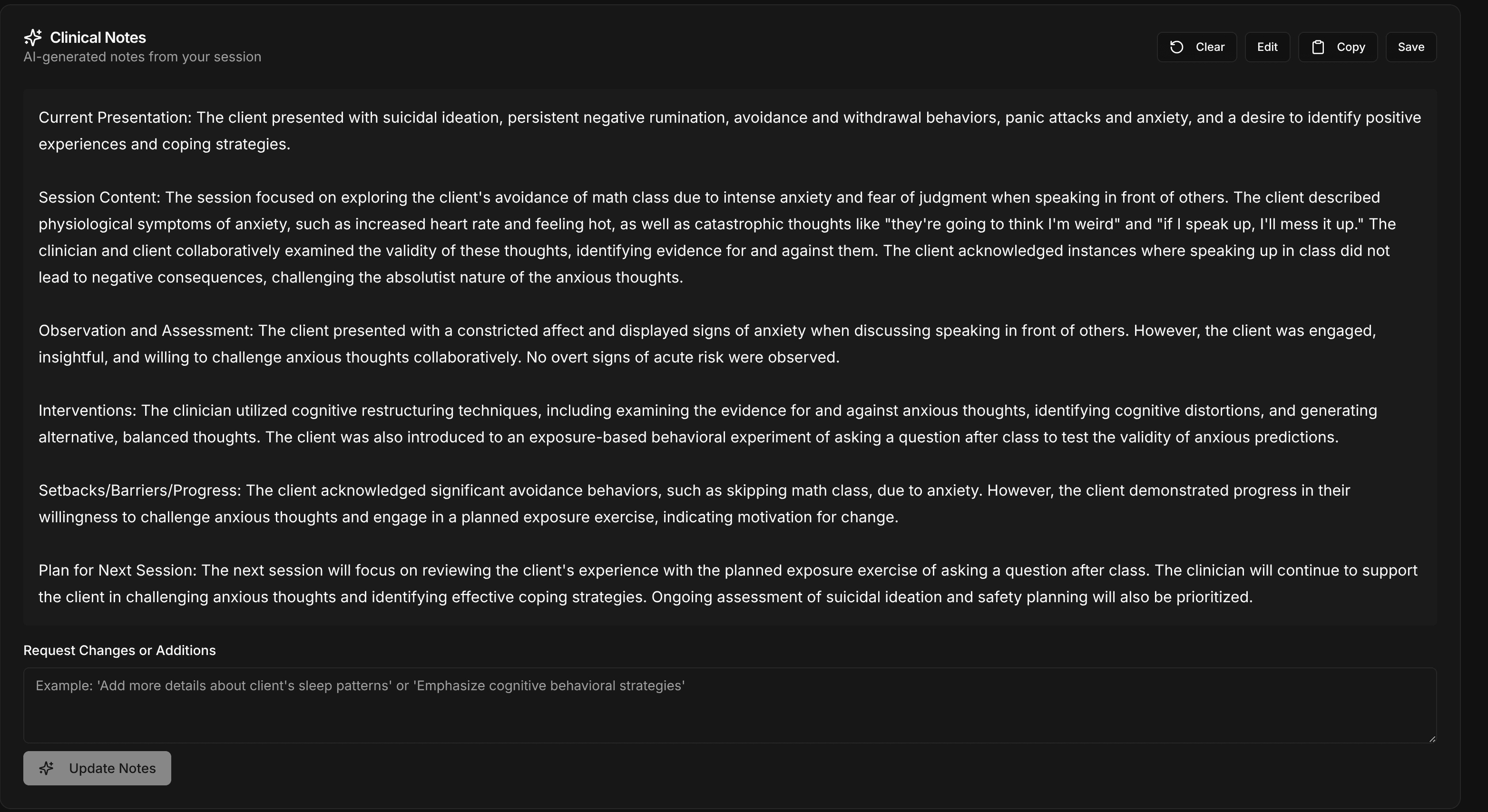 Soma session notes draft screenshot