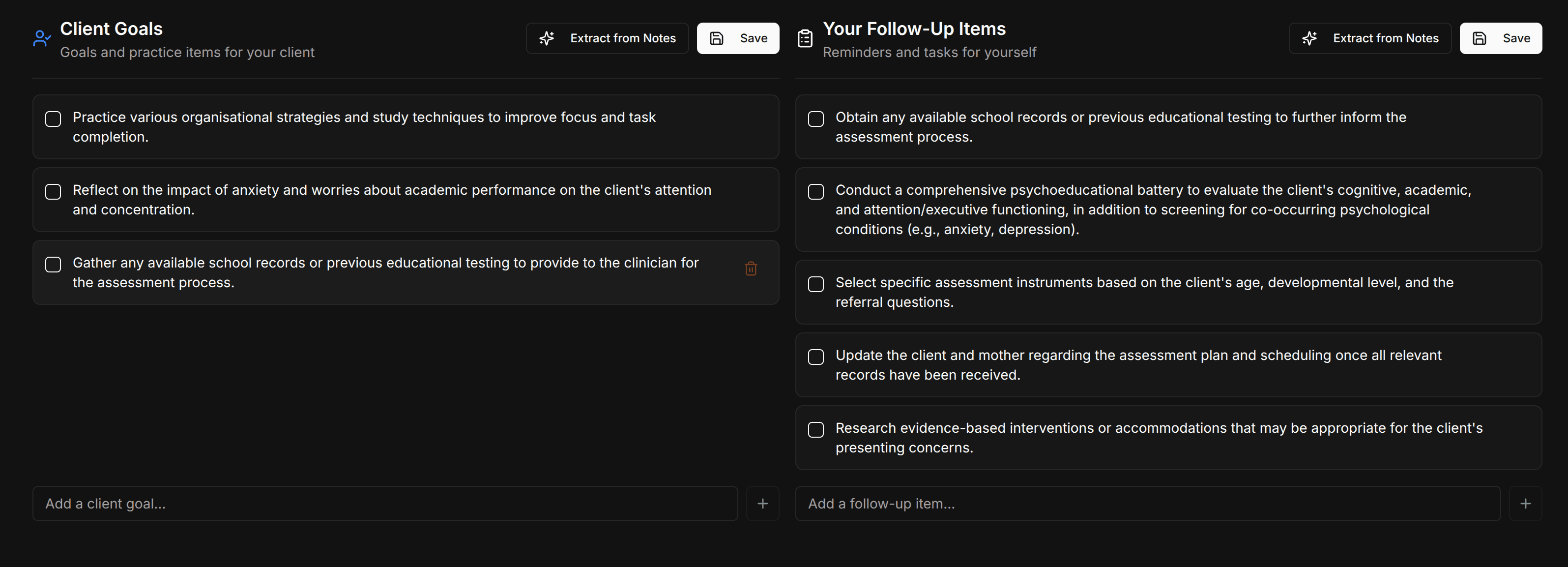 Client goals and follow-up items extracted from notes