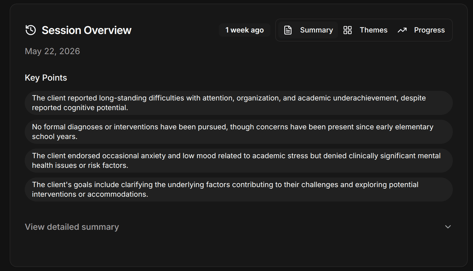 Prep — last-session summary, themes, and progress