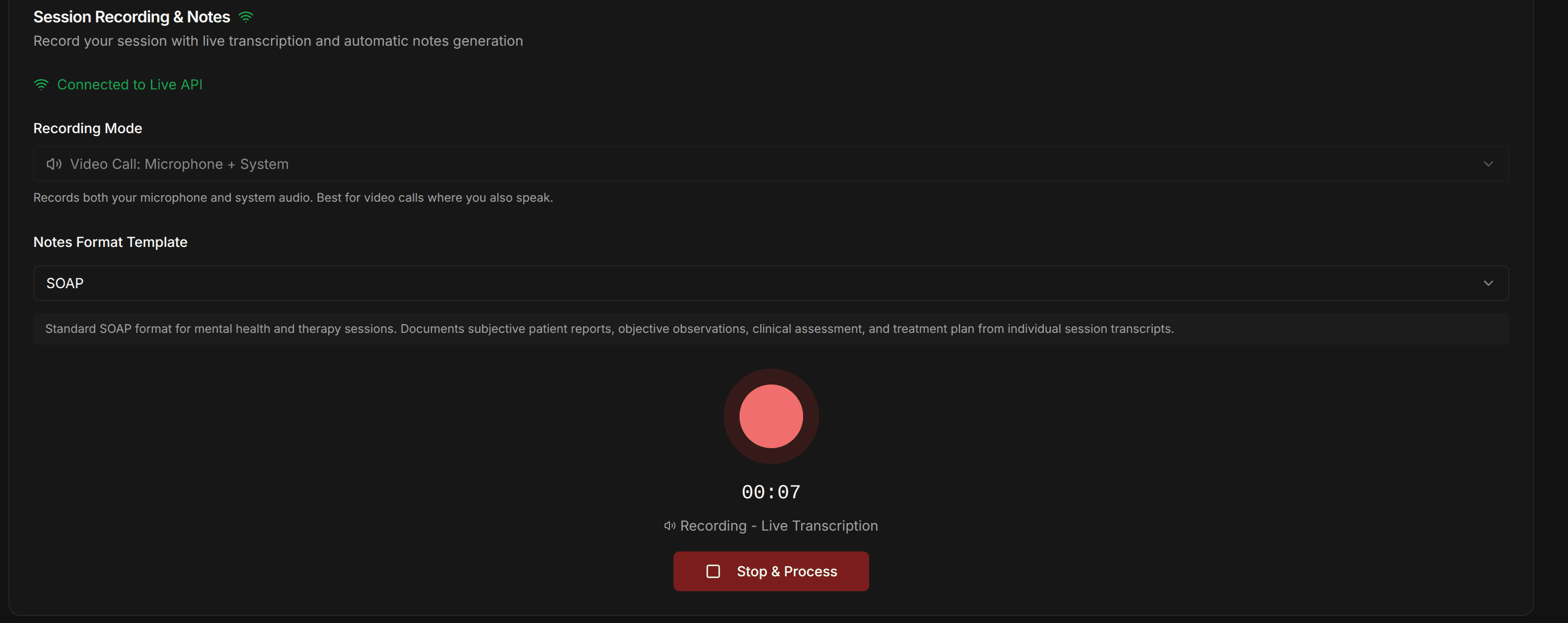 Session recording and notes interface