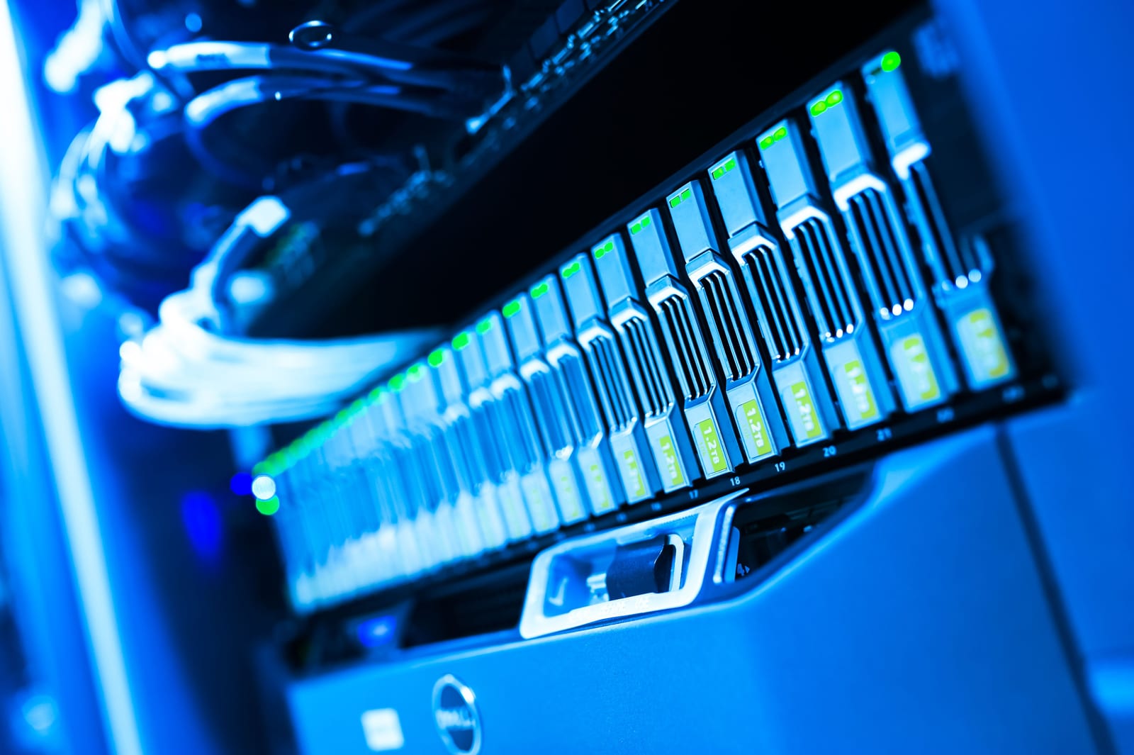 A row of server storage drives with cabling bathed in blue light