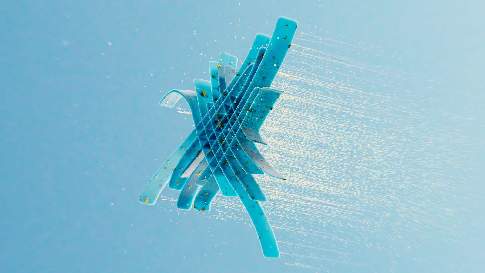 Abstract rendering of woven blue data structures on a pale field
