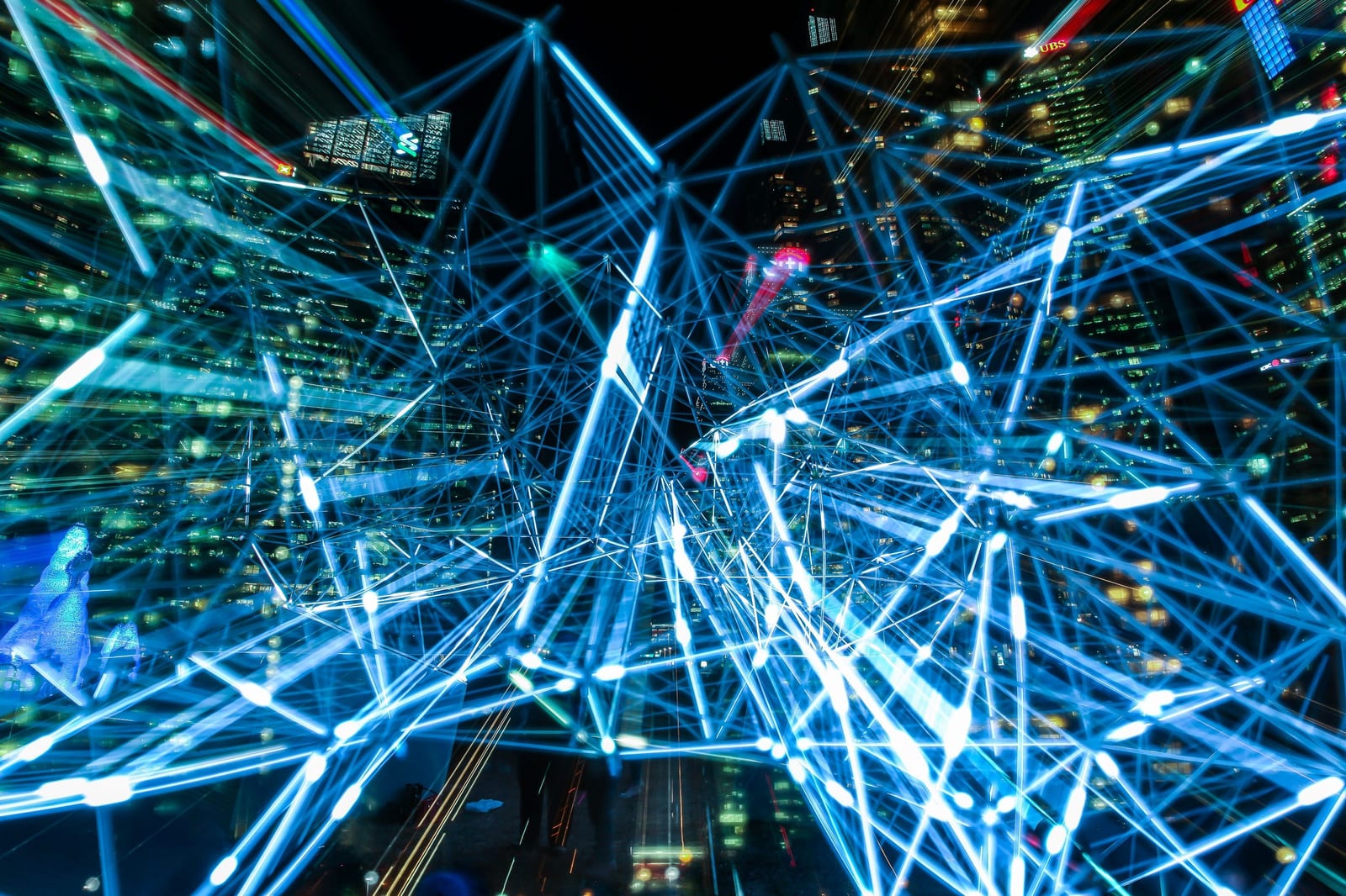 Abstract network lines over a city skyline