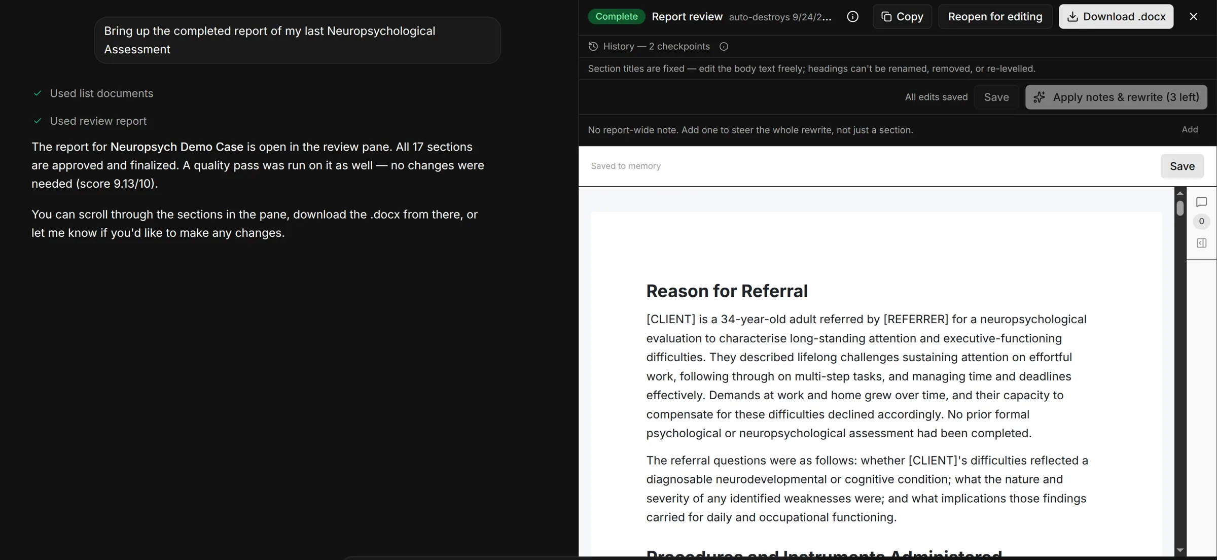 Soma's AI agent bringing up a completed assessment report in chat, beside the report review pane
