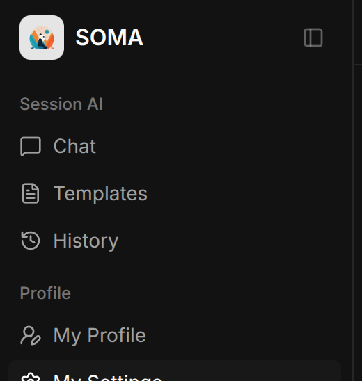 Soma sidebar with Chat, Templates and History