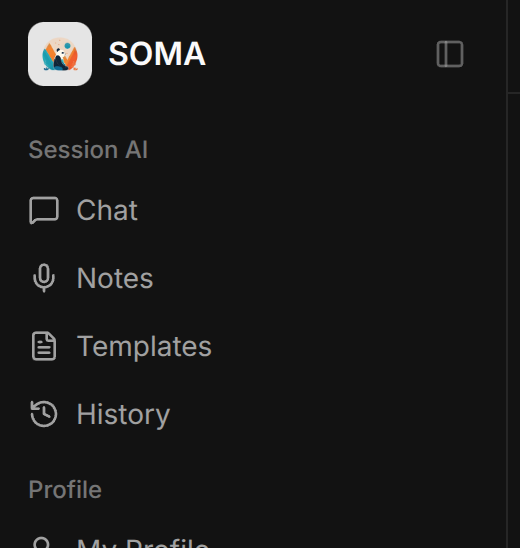 Soma sidebar with Chat, Notes, Templates and History