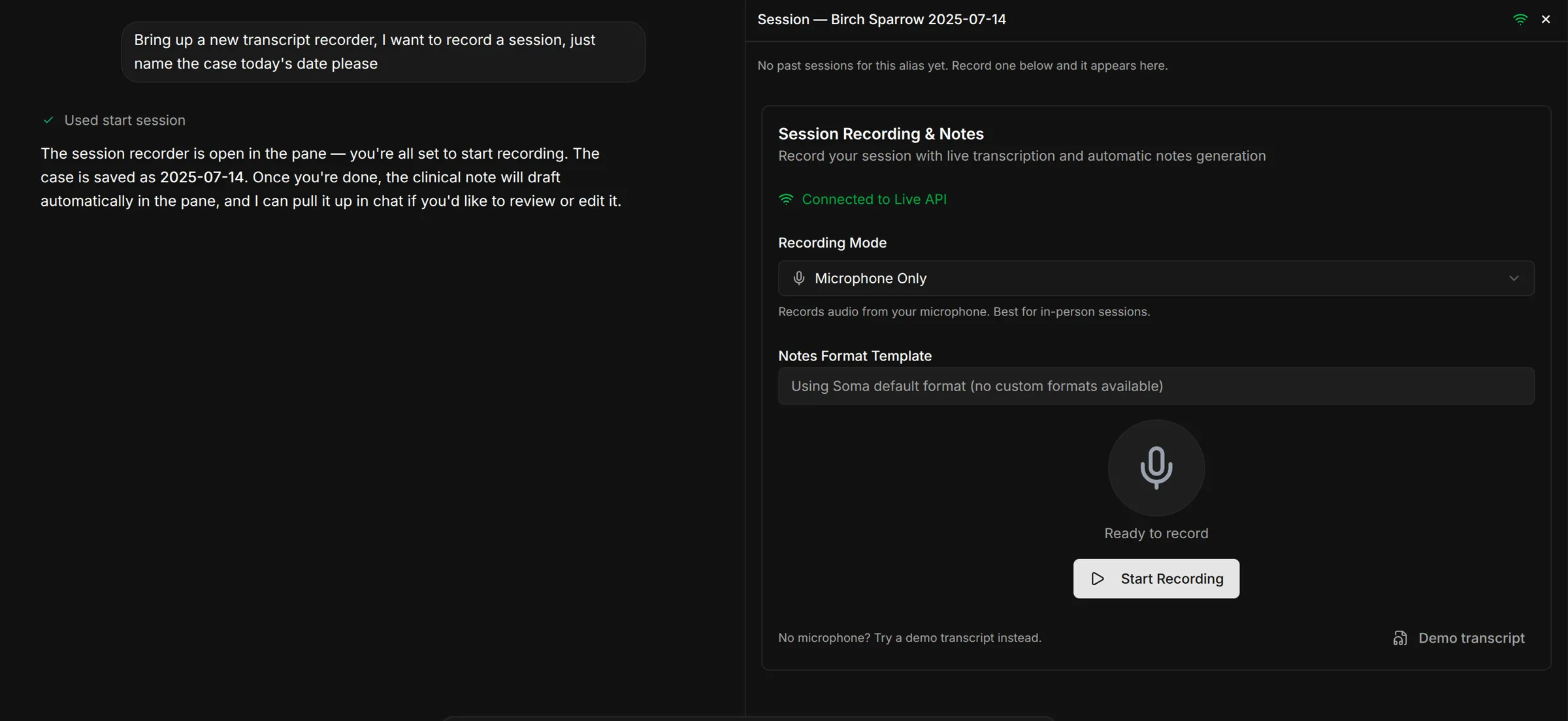 Soma's session recorder set up from chat, ready to draft the clinical note in your chosen format